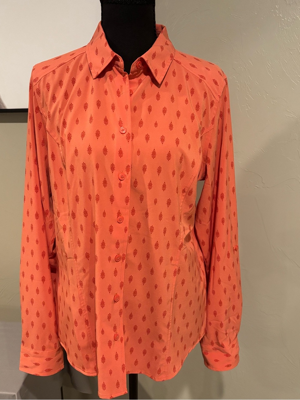 Orvis Coral Shirt with Red Tonal Leaf Print